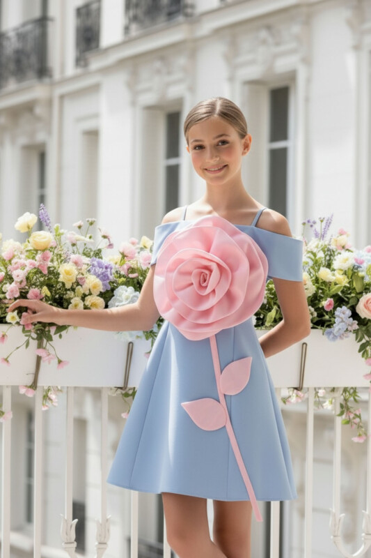 Blue Girls 3D Rose Detail Dress 8-15 AGE 36093PR 