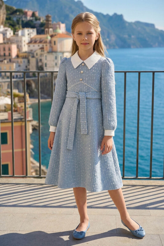 Blue Elegant Tweed Girls Dress with Pearl Buttons 8-15 AGE 36446PR - Clothes