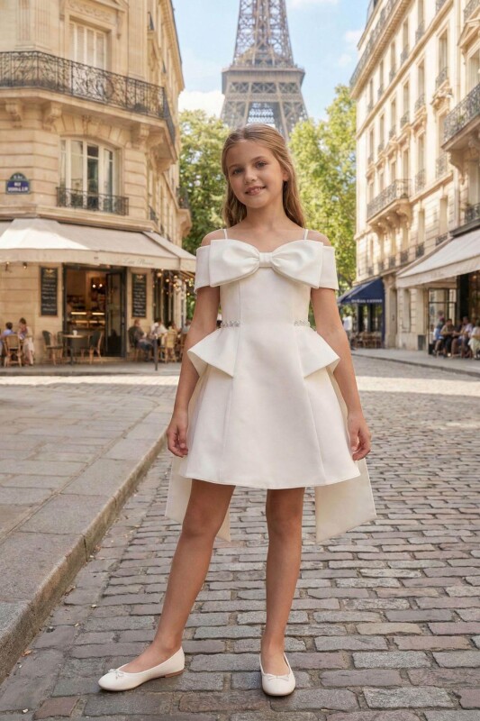 Ecru Girls Satin Bow Shoulder Dress with Overskirt Detail 8-15 AGE 36104PR 