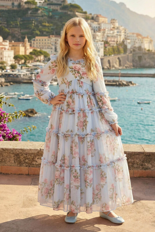 Blue Girls Romantic Tiered Floral Maxi Dress with Ruffles 8-15 AGE 36396PR 