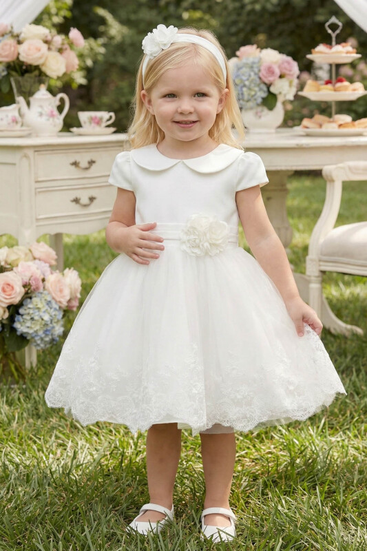 Ecru Baby Girl Satin & Tulle Party Dress with Floral Headband 6-24 MONTH 36103PR 