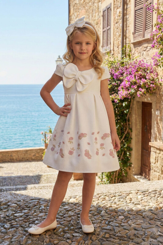 Beige Girls Butterfly Jacquard Dress & Headband 3-7 AGE 36178PR 