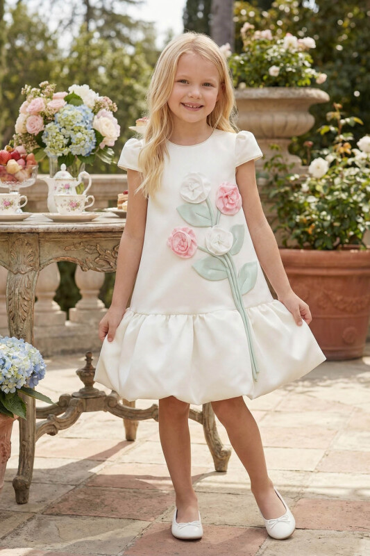 Ecru Girls Floral Appliqué Puff Sleeve Dress 3-7 AGE 36264PR 