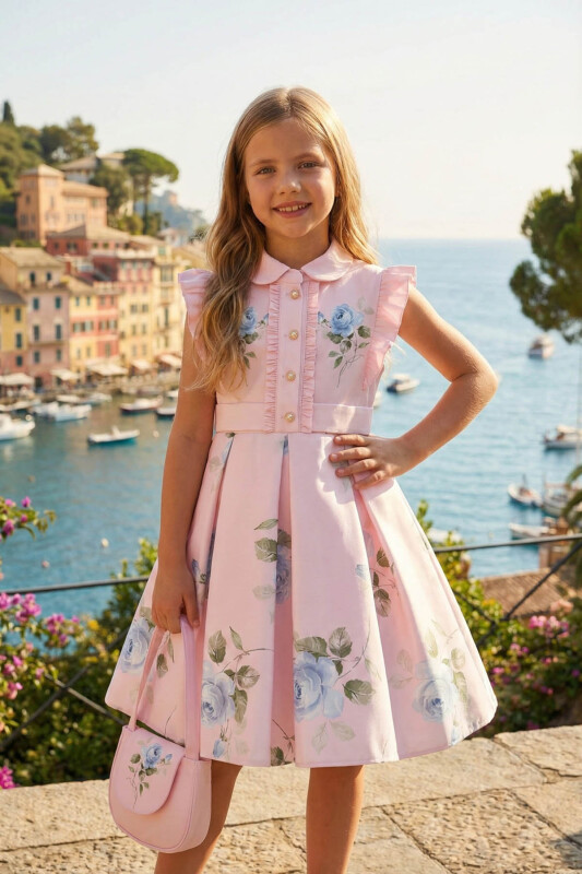 Powder Floral Satin Dress with Matching Bag 3-7 AGE 36343PR 