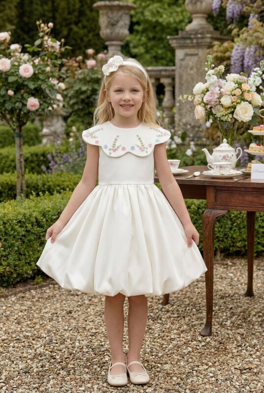 Ecru Girls Satin Dress with Removable Floral Collar & Hair Accessory 3-7 AGE 36281PR 