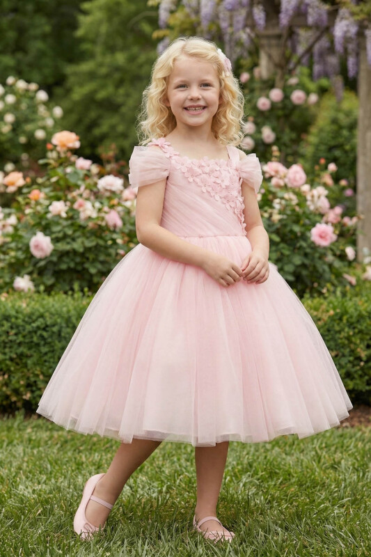 Powder Floral Appliqué Tulle Dress 3-7 AGE 36036PR - Clothes