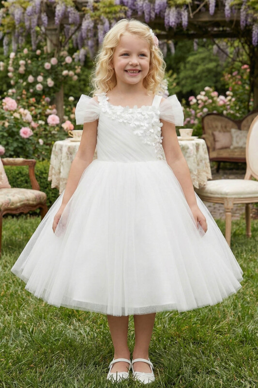Ecru Floral Appliqué Tulle Dress 3-7 AGE 36036PR - Clothes