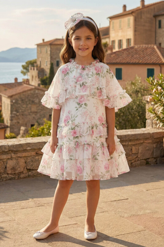 Ecru Girls Floral Chiffon Dress with Headband 3-7 AGE 36369PR 