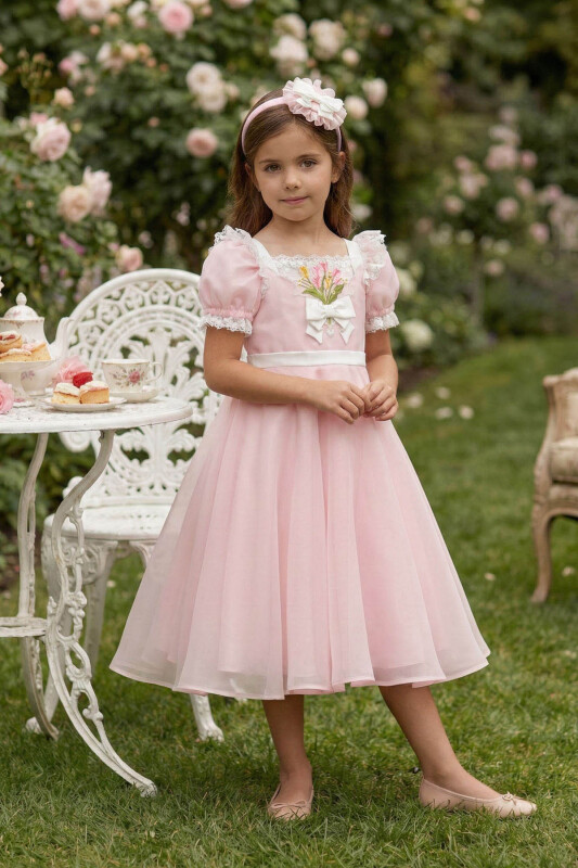 Powder Girls Embroidered Floral Tulle Dress with Hair Accessory 3-7 AGE 36395PR 