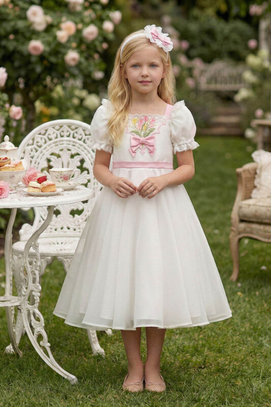Ecru Girls Embroidered Floral Tulle Dress with Hair Accessory 3-7 AGE 36395PR 