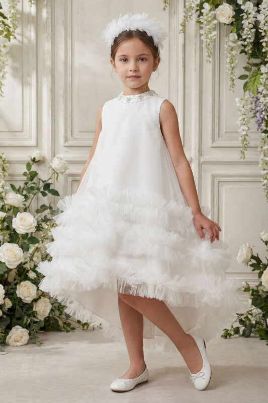 Ecru High-Low Layered Tulle Dress with Beaded Collar & Headband 3-7 AGE 36423PR 