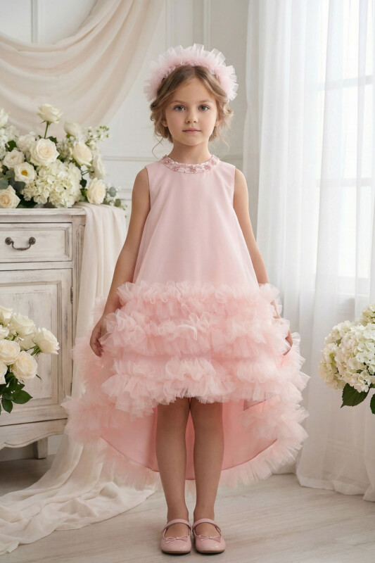 Powder High-Low Layered Tulle Dress with Beaded Collar & Headband 3-7 AGE 36423PR 