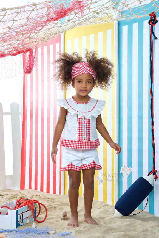 Red Girl Patterned Brode And Plaid Fabric Detailed Suit With Denim Shorts 2-6 AGE 312102CA - Clothes (1)