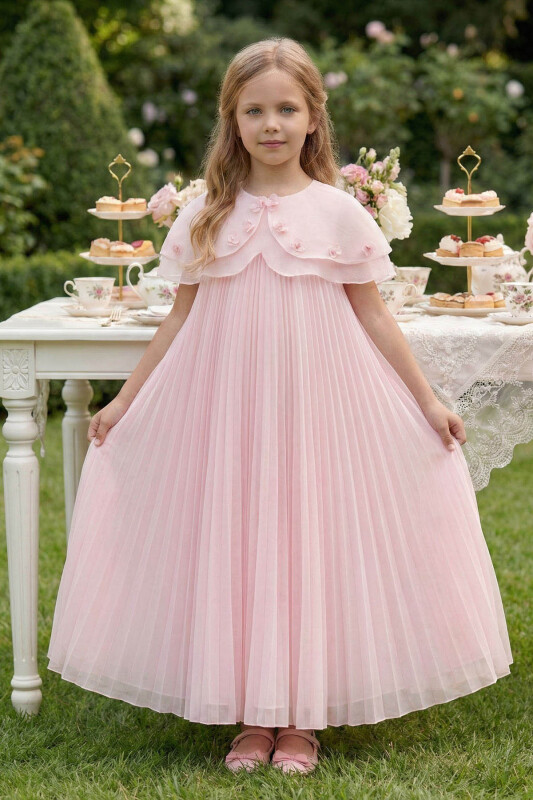 Powder Pleated Maxi Dress with Removable Cape 3-7 AGE 36426PR 