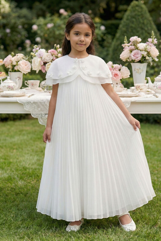 Ecru Pleated Maxi Dress with Removable Cape 3-7 AGE 36426PR 