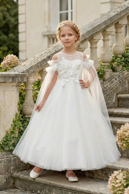 Ecru Girls Embellished Off-Shoulder Tulle Dress 8-15 AGE 36139PR 