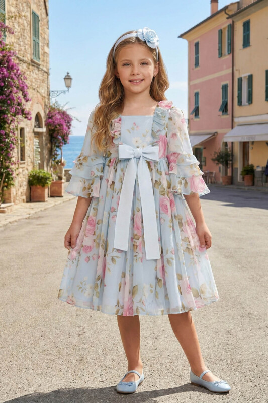 Blue Girls Floral Chiffon Dress with Headband 3-7 AGE 36199PR 