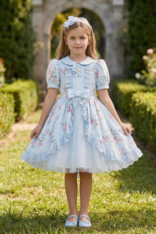 Blue Elegant Garden Party Dress with Headband 3-7 AGE 36375PR 