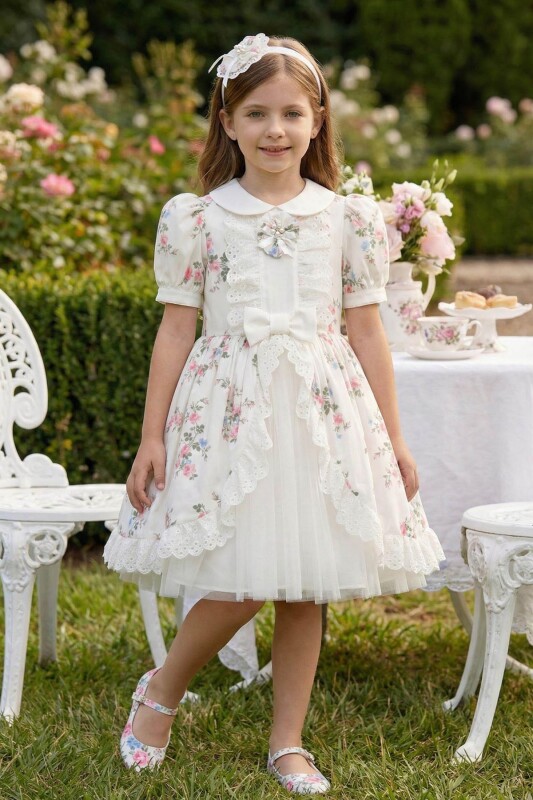 Ecru Elegant Garden Party Dress with Headband 3-7 AGE 36375PR 