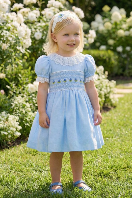 Blue Classic Hand-Smocked Baby Dress with Floral Embroidery & Headband 6-24 MONTH 36366PR 