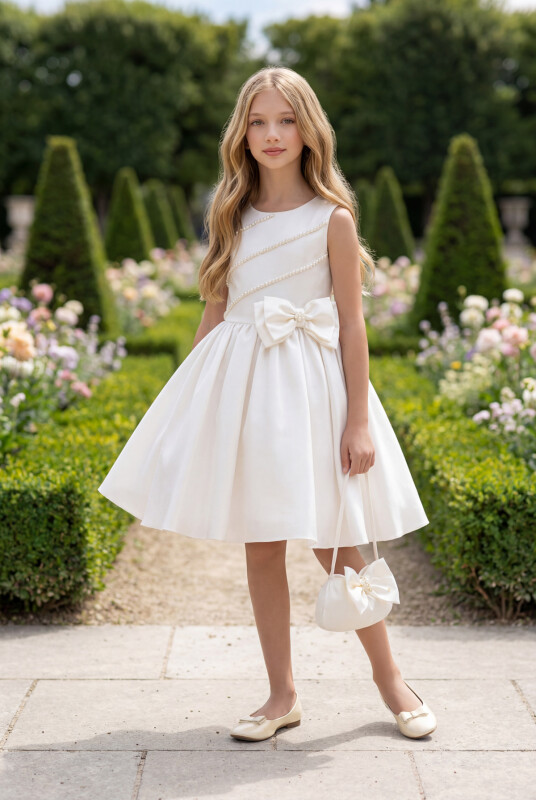 Ecru Satin Dress with Matching Bag 8-14 AGE 35213PR 