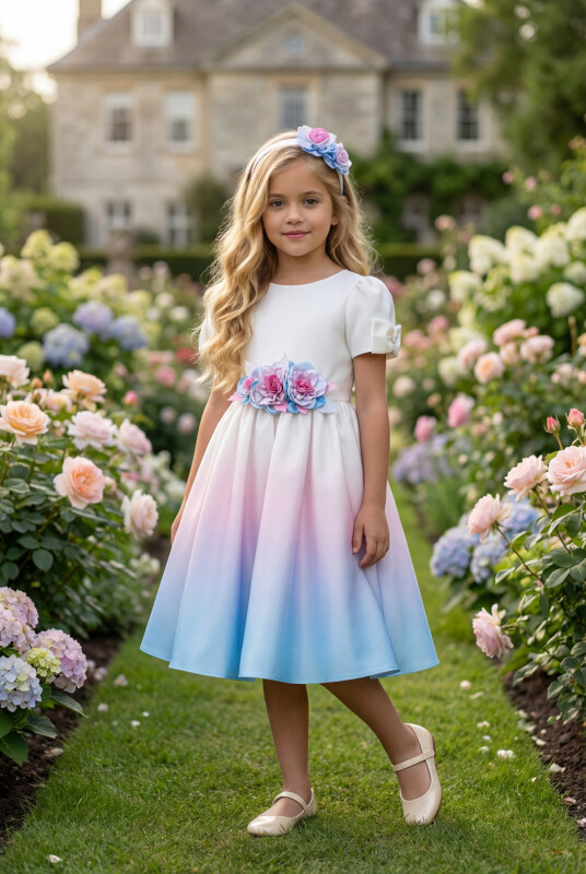 Blue Ombre Satin Dress with Floral Hair Accessory 3-7 AGE 35261PR 