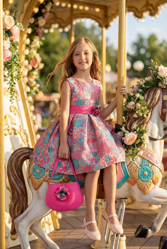 Pink Jacquard Patterned Dress with Matching Bag 3-7 AGE 35329PR 