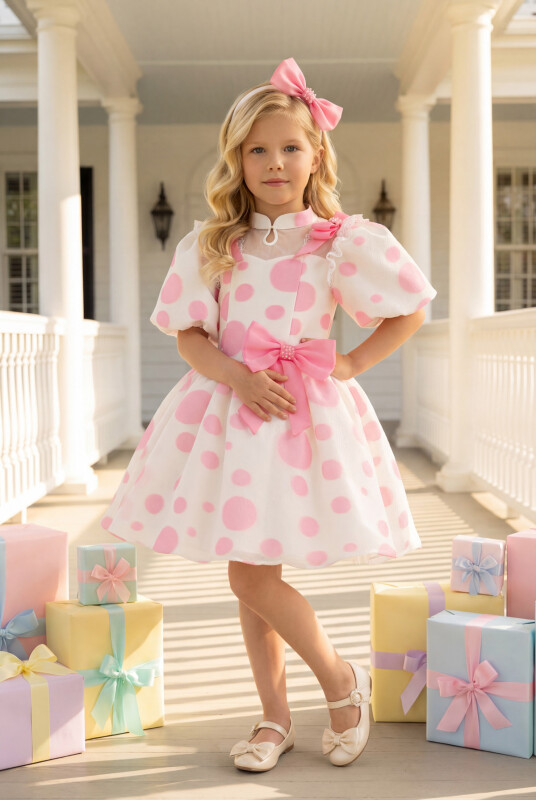 Pink Polka Dot Dress with Hair Accessory 3-7 AGE 35365PR - Clothes