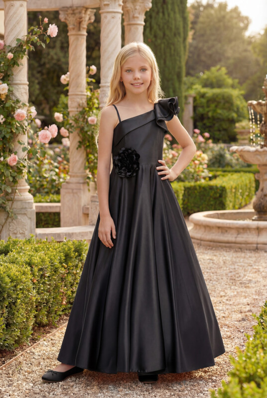 Black Girls One-Shoulder Satin Gown with 3D Flower Appliqué 8-15 AGE 36073PR - Clothes