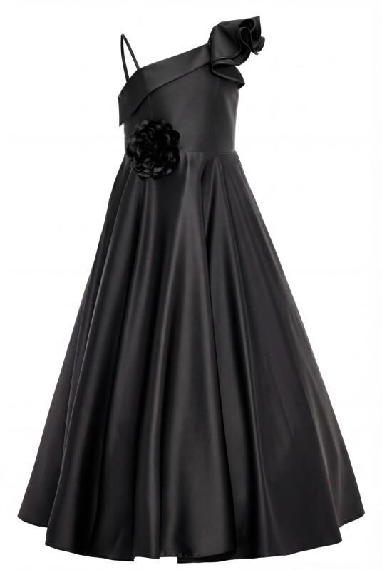 Black Girls One-Shoulder Satin Gown with 3D Flower Appliqué 8-15 AGE 36073PR - Clothes (1)
