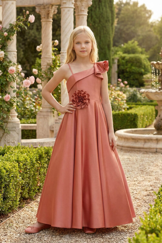 Cinnamon Girls One-Shoulder Satin Gown with 3D Flower Appliqué 8-15 AGE 36073PR 