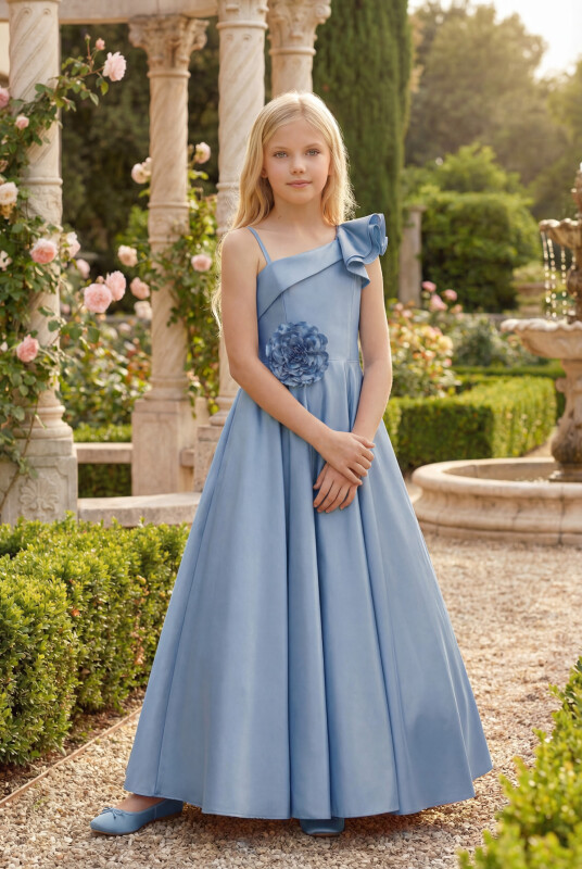 Blue Girls One-Shoulder Satin Gown with 3D Flower Appliqué 8-15 AGE 36073PR 