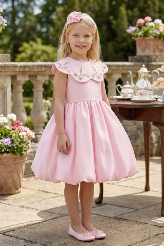 Powder Girls Satin Dress with Removable Floral Collar & Hair Accessory 3-7 AGE 36281PR 
