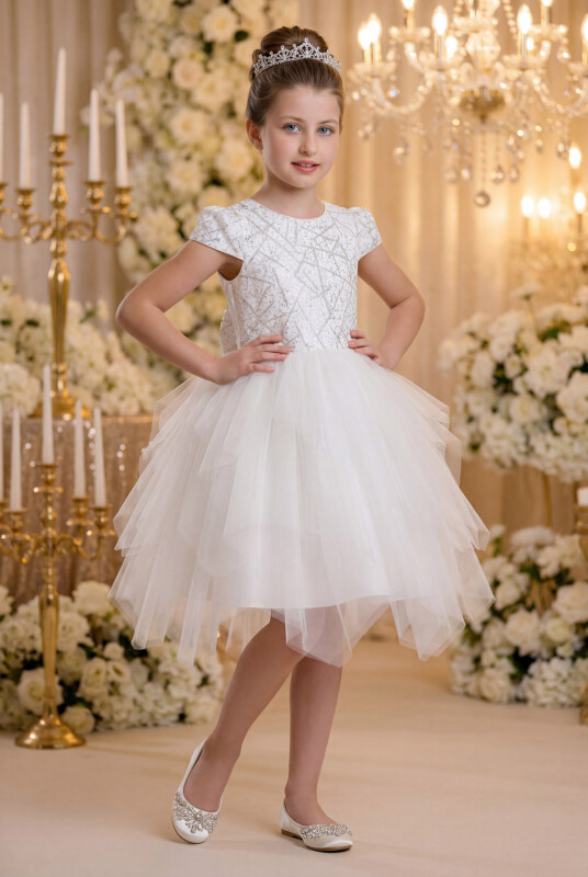 Ecru Glitter Printed Girl's Dress 8-12 AGE 34012PR 