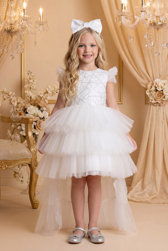 Ecru Layered Ruffled Girl's Dress 3-7 AGE 34148PR 