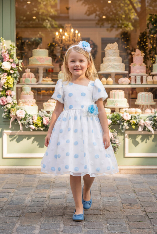 Blue Polka Dot Dress with Hair Accessory 3-7 AGE 35430PR 
