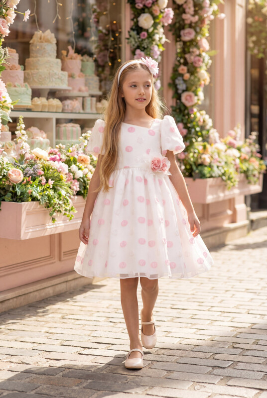 Powder Polka Dot Dress with Hair Accessory 3-7 AGE 35430PR 