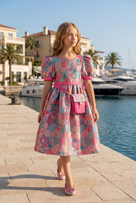 Pink Girls Jacquard Dress with Bag 8-14 AGE 35440PR 