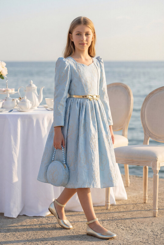 Blue Dress with Belt and Matching Bag 8-14 AGE 35446PR 