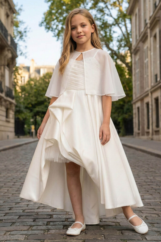 Ecru Elegant Satin Dress with Removable Sheer Cape 8-15 AGE 36055PR - Clothes