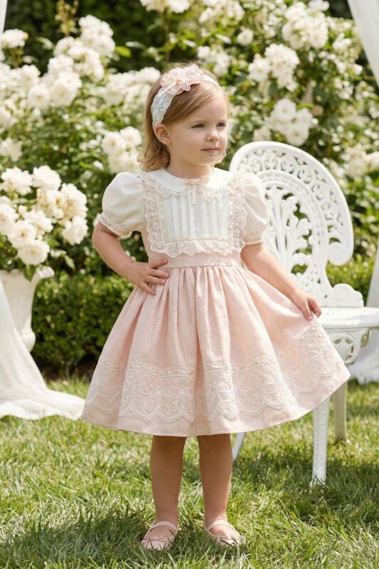 Beige Baby Embroidered Lace Dress with Matching Headband 6-24 MONTH 36421PR 
