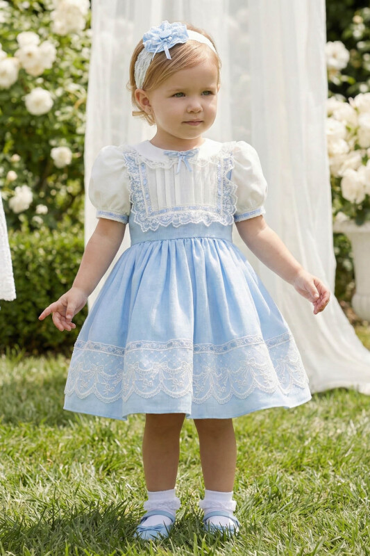 Blue Baby Embroidered Lace Dress with Matching Headband 6-24 MONTH 36421PR 