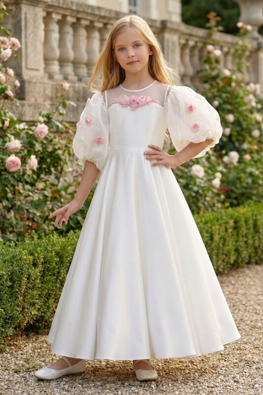 Ecru Girls Floral Puff Sleeve Satin Dress 8-15 AGE 36126PR 