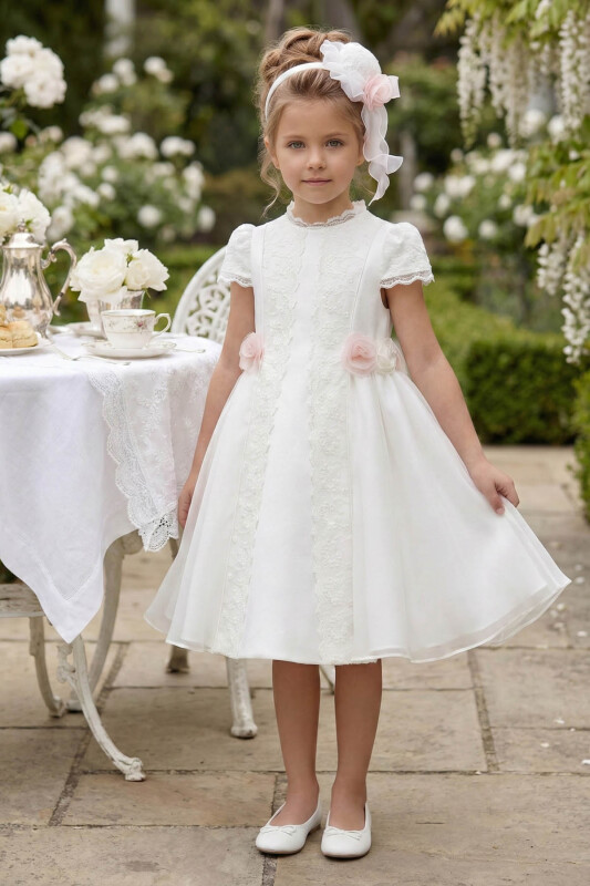 Ecru Lace Panel Dress with Floral Headband – 2 Piece Set 3-7 AGE 36414PR - Clothes