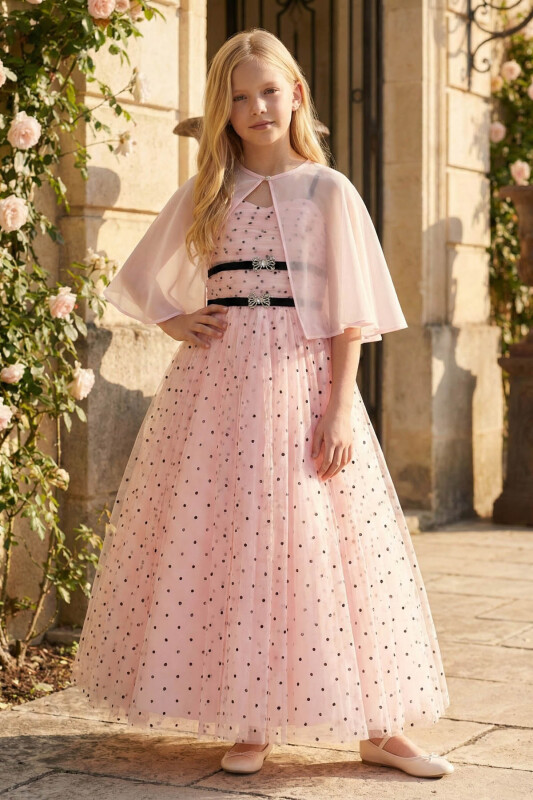 Powder Polka Dot Tulle Girls’ Evening Dress with Cape and Rhinestone Bow Details 8-15 AGE 36059PR - Clothes