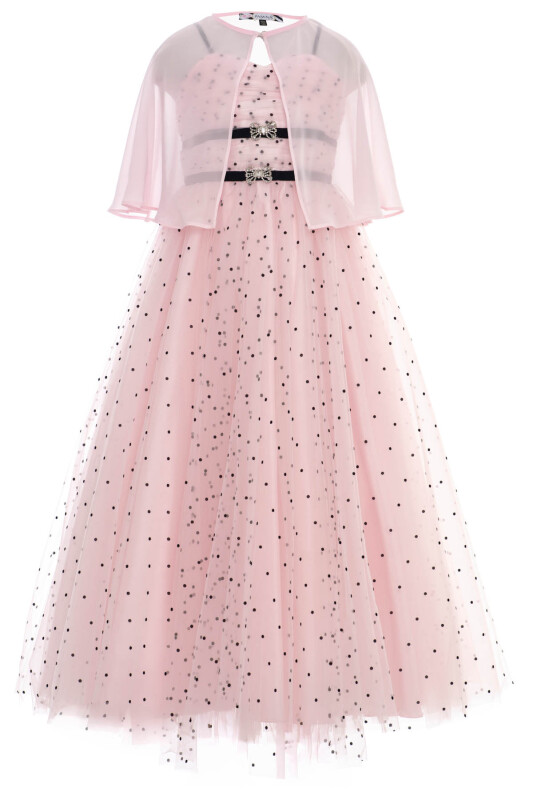 Powder Polka Dot Tulle Girls’ Evening Dress with Cape and Rhinestone Bow Details 8-15 AGE 36059PR - Clothes (1)