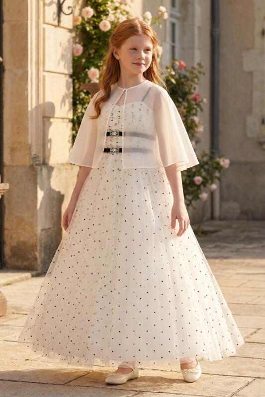 Ecru Polka Dot Tulle Girls’ Evening Dress with Cape and Rhinestone Bow Details 8-15 AGE 36059PR - Clothes