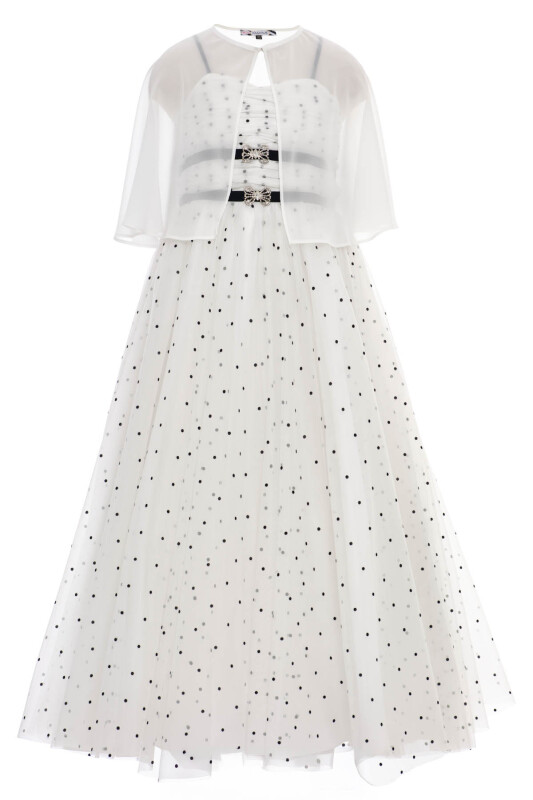 Ecru Polka Dot Tulle Girls’ Evening Dress with Cape and Rhinestone Bow Details 8-15 AGE 36059PR - Clothes (1)