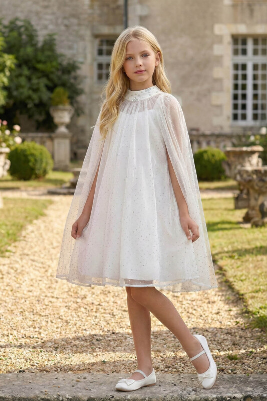 Ecru Girls’ Cape Dress with Embellished Neckline and Bow Detail 8-15 AGE 36140PR - Clothes