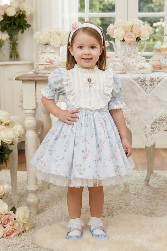 Blue Baby Girl Vintage Floral Dress with Cameo Brooch & Headband 6-24 MONTH 36358PR 